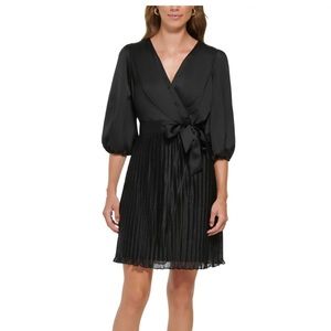 DKNY Women's Black Pleated Balloon Sleeve Faux Wrap Dress - Black
